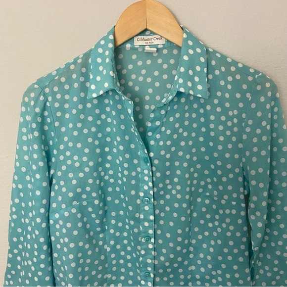 Coldwater Creek No Iron Aqua Blue Polka Dot Button Up 100% Cotton Sz S/8 - Picture 2 of 7